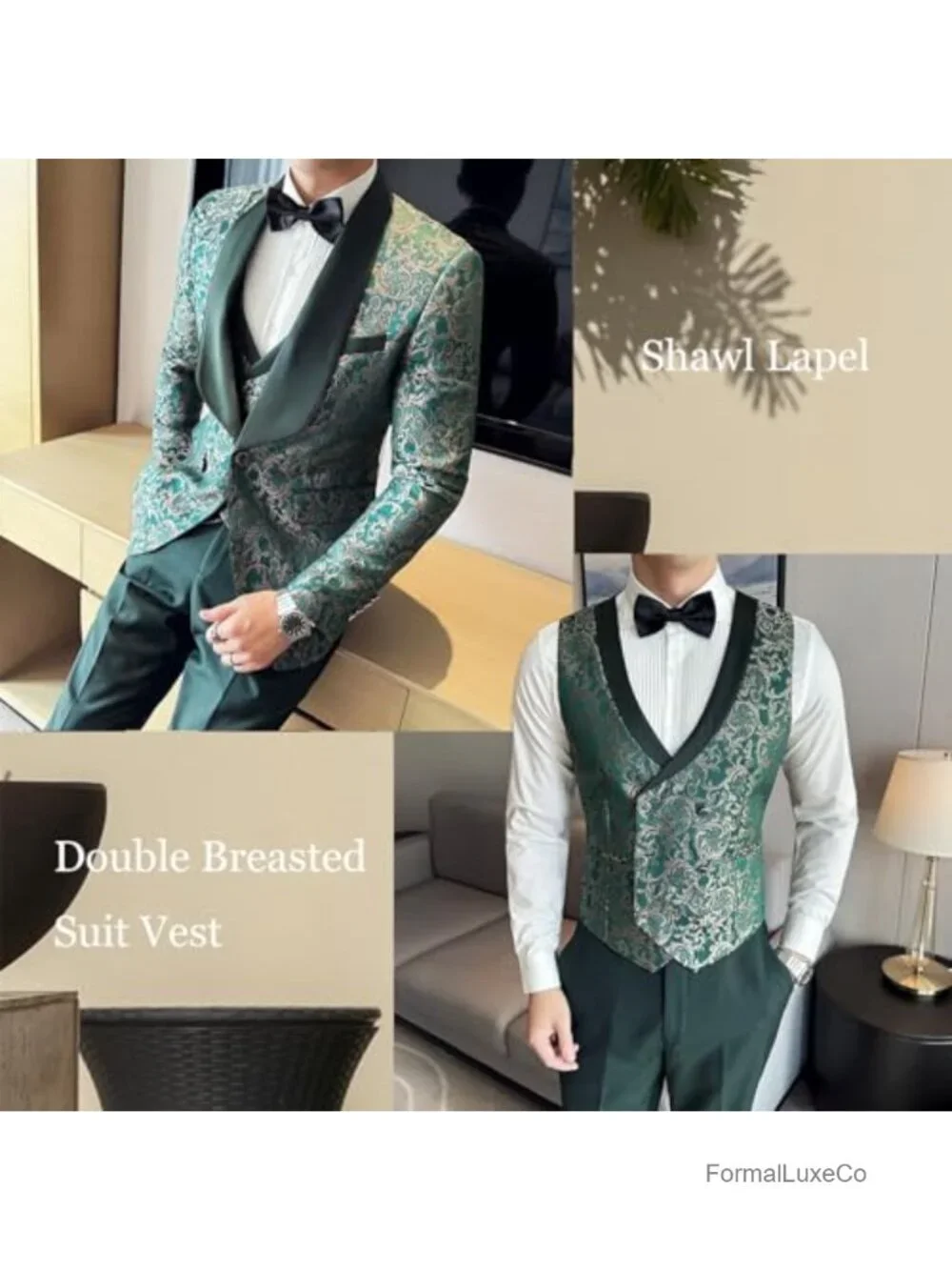 Men's 3 Piece Slim Fit Floral Print Suit Set with Vest and Pants